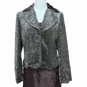 Faux Persian Lamb Jacket Snap Close Notched Collar Lined Shimmering Gun Metal 38